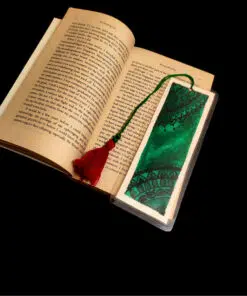 dark green handmade bookmark made of hardboard and laminated