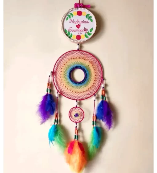 personalised dream catcher wall hanging made of multicolor feathers